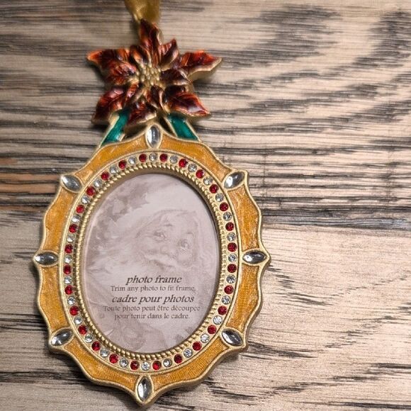 Gold & Red Enamel Metal Rhinestone Christmas Poinsettia Ornament Picture Frame - Picture 2 of 7